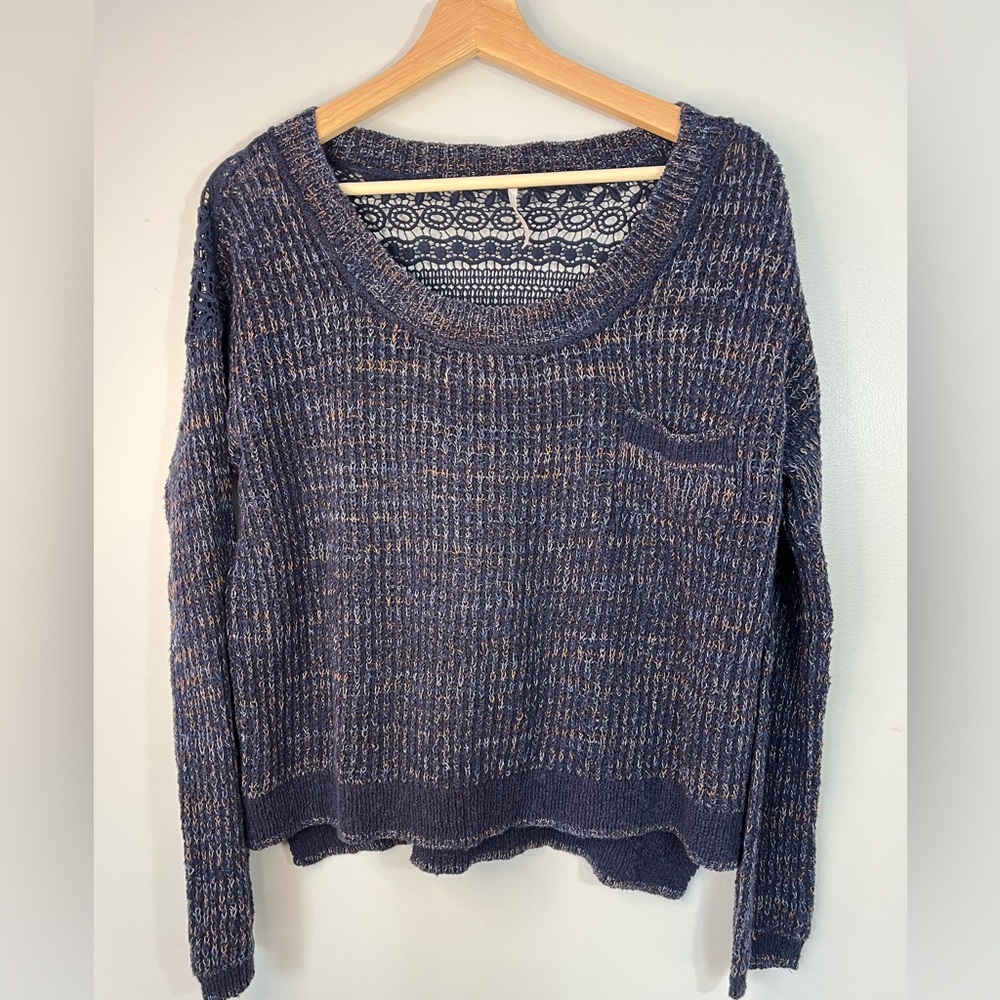 Free People Navy Blue Sweet Jane Crochet Back Sweater Top Women’s Medium